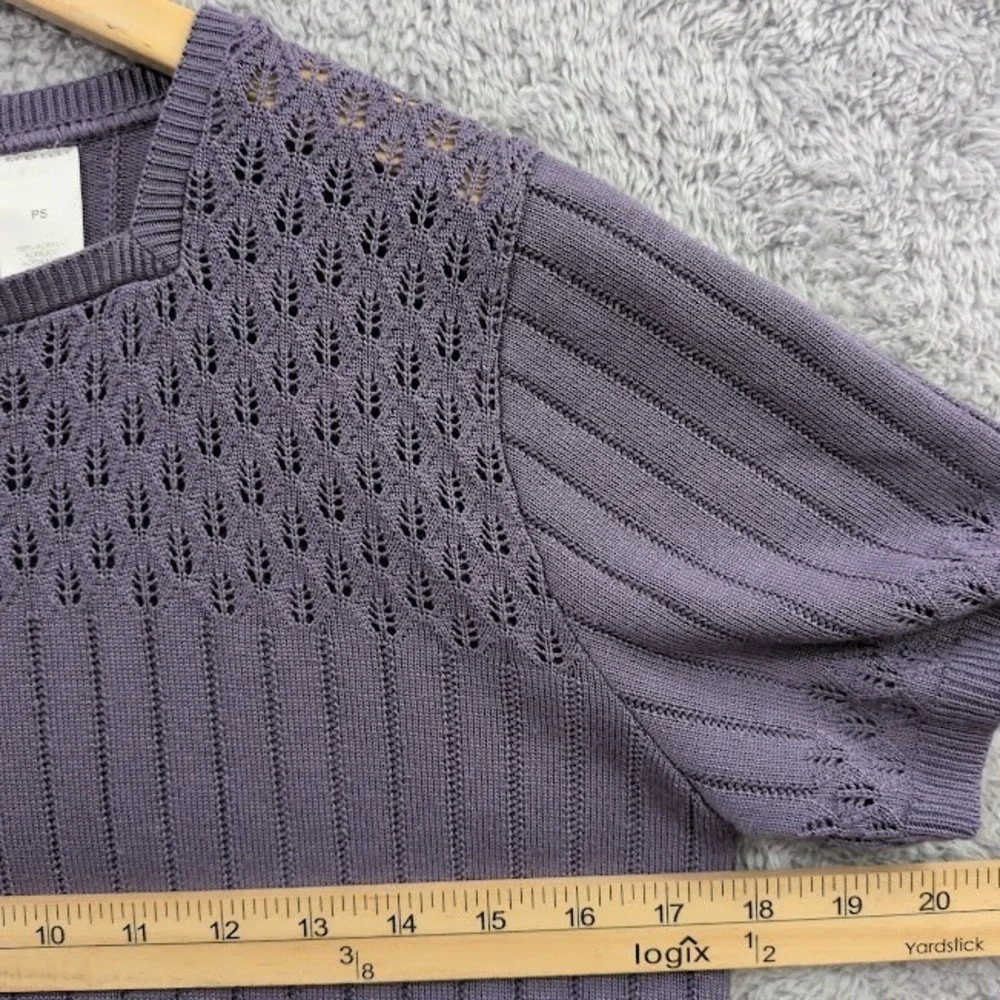 Alfred Dunner Knit Top Women's PS Purple Pointelle Square Neck Sweater Vtg Style